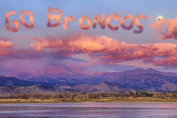 Go Broncos Art Print featuring the photograph Go Broncos Colorado Front Range Longs Moon Sunrise by James BO Insogna