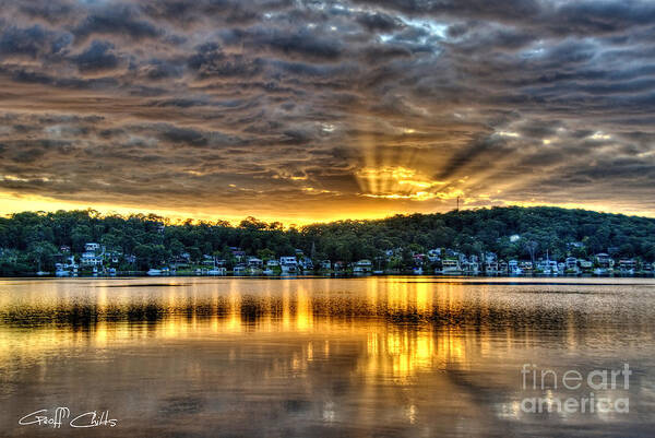 Water Art Print featuring the photograph Golden Crepuscular sunrise water reflections.   by Geoff Childs