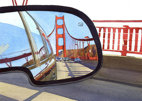 California Art Print featuring the painting Golden Gate Bridge in Side View Mirror by Mary Helmreich