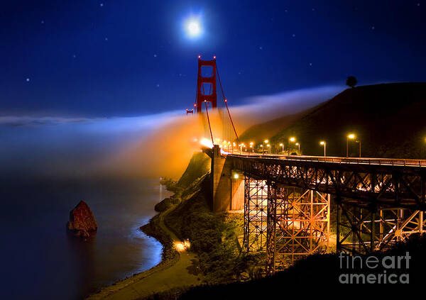 Golden Gate Bridge Art Print featuring the photograph Golden Gate Bridge Moon Fog Mystery by Wernher Krutein