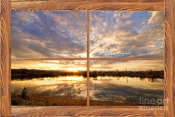  Window Art Print featuring the photograph Golden Ponds Sunset Reflections Barn Wood Picture Window View by James BO Insogna