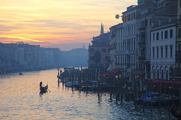 Gondola Art Print featuring the photograph Gondolas on the Grand Canal Venice at sunset by John Keates