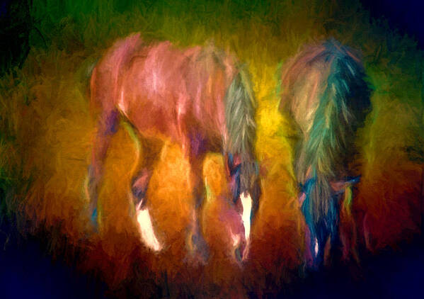 Two Horses Art Print featuring the photograph Grazing Horses Version 2 Textured by Clare VanderVeen