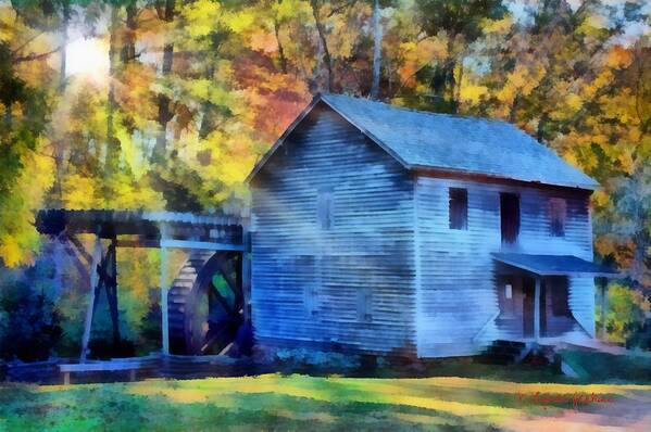 Hagood Art Print featuring the painting Hagood Mill with Sunrays by Lynne Jenkins