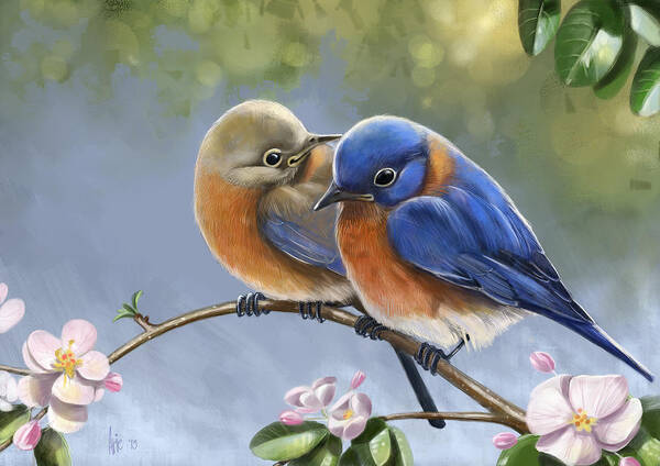 Bluebird Art Print featuring the painting Happy Together by Arie Van der Wijst