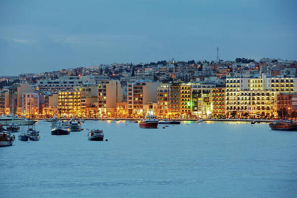 Hotel Art Print featuring the photograph Harbourside Of Sliema Illuminated At by Allan Baxter