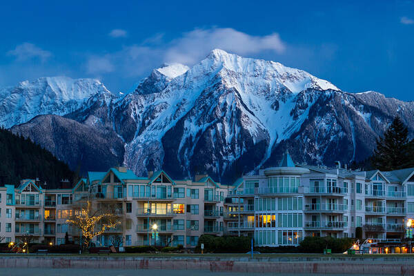 Baby Munday Peak Art Print featuring the photograph Harrison Hot Springs Condos and Mount Cheam Range by Michael Russell