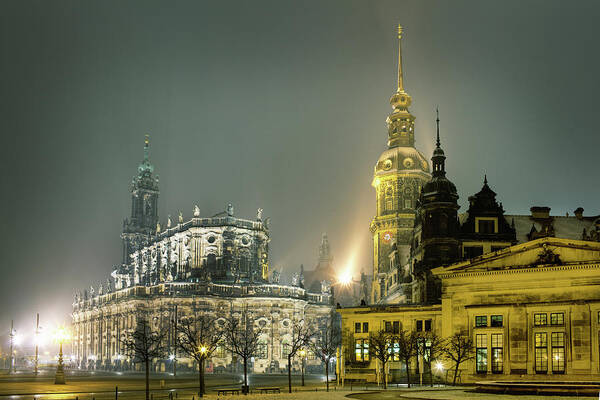 Old Town Art Print featuring the photograph Hofkirche, Church In Dresden At Night by Silvia Otte