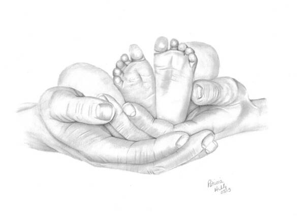 Baby's Feet Art Print featuring the drawing Holding the Future by Patricia Hiltz