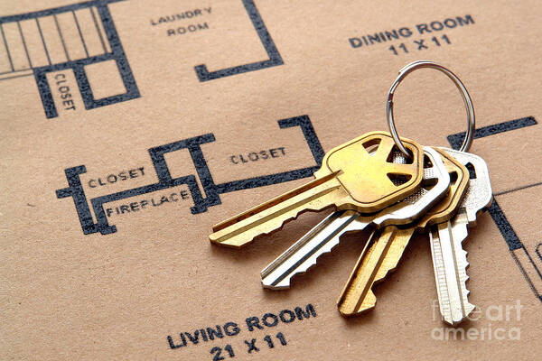 Construction Art Print featuring the photograph House Keys on Real Estate Housing Floor Plans by Olivier Le Queinec