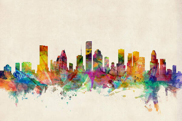Watercolour Art Print featuring the digital art Houston Texas Skyline by Michael Tompsett