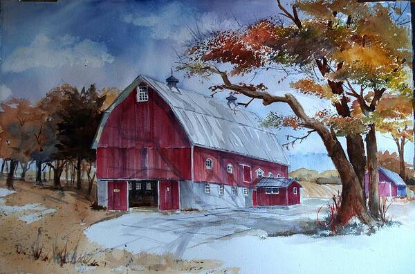 Barn Art Print featuring the painting Huntley Farm by Gerald Miraldi