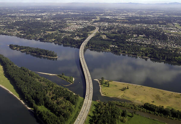 Mid-air Art Print featuring the photograph I-205 Glenn Jackson Bridge War Vetrans Memorial Freeway Oregon Washington by Nwbob