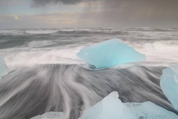 Glacier Lagoon Art Print featuring the photograph Icebergs On Volcanic Beach, Iceland by Travelpix Ltd