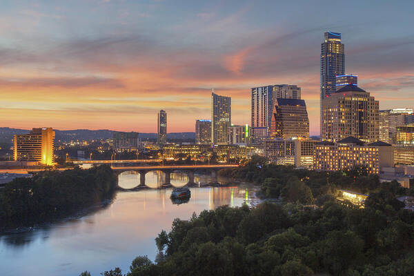 Austin Skyline Images Art Print featuring the photograph The Austin Skyline on a Summer Evening 1 by Rob Greebon