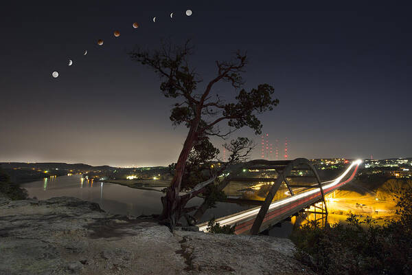 Blood Moon Art Print featuring the photograph Lunar Eclipse over the 360 Bridge and the Austin Skyline by Rob Greebon