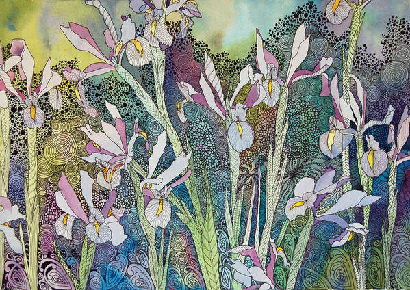Irises Art Print featuring the painting Irises and Doodles by Terry Holliday