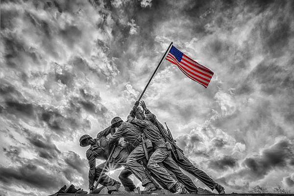 American Flag Art Print featuring the photograph Iwo Jima Memorial BW 1 by Susan Candelario