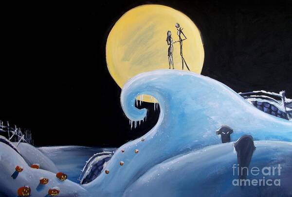 Marisela Mungia Art Print featuring the painting Jack and Sally Snowy Hill by Marisela Mungia