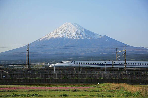 Scenics Art Print featuring the photograph Japan, Shinkansen And Mt. Fuji by Hiroshi Higuchi