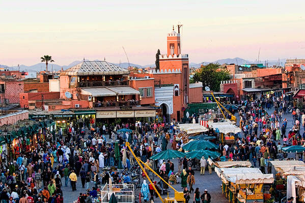 Dusk Art Print featuring the photograph Jemaa el Fna square at Dusk in Marrakesh Morroco by David Smith