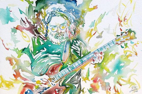Jerry Art Print featuring the painting JERRY GARCIA PLAYING the GUITAR watercolor portrait.1 by Fabrizio Cassetta