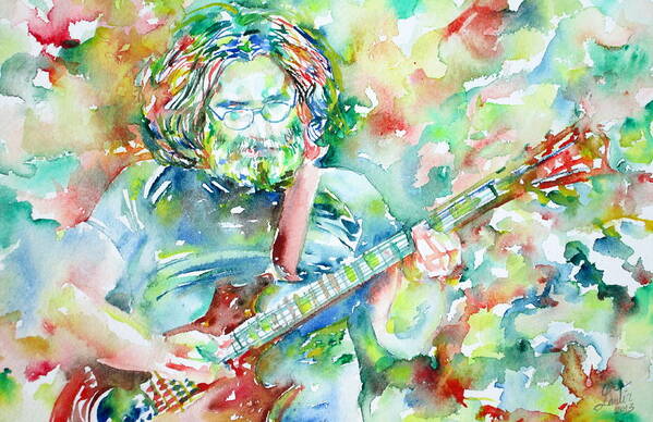 Jerry Art Print featuring the painting JERRY GARCIA PLAYING the GUITAR watercolor portrait.3 by Fabrizio Cassetta