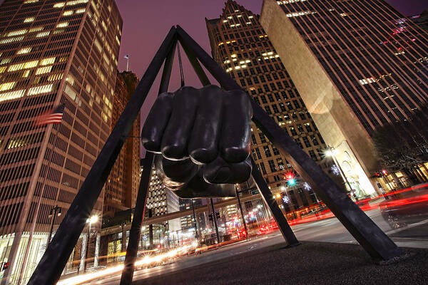 Detroit Artwork Black and White: The Joe Louis Fist at Night