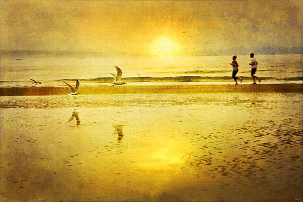 Beach Art Print featuring the photograph Jogging On Beach With Gulls by Theresa Tahara