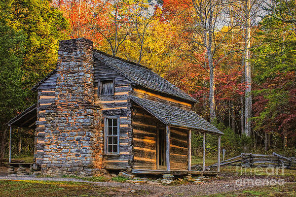 John Oliver's Cabin In Great Smoky Mountains Art Print featuring the photograph John Oliver's Cabin in Great Smoky Mountains by Priscilla Burgers