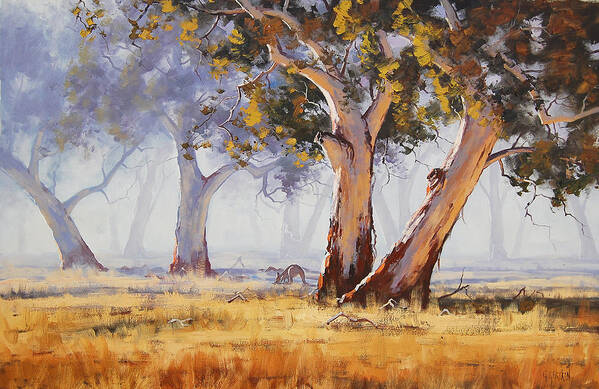Eucalyptus Trees Art Print featuring the painting Kangaroo Grazing by Graham Gercken