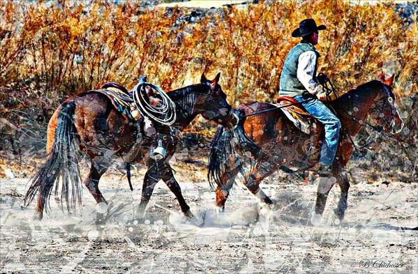 Cowboy Art Art Print featuring the mixed media Kickin Up The Rio II by Barbara Chichester