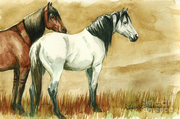 Kigers Art Print featuring the painting Kiger mares by Linda L Martin