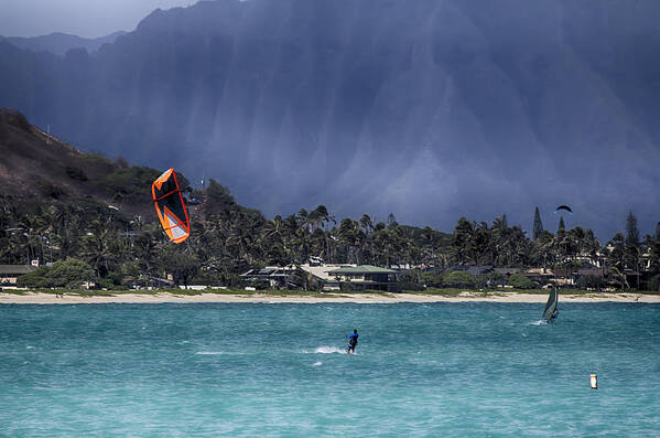 Windsurfing Art Print featuring the photograph Kite and Windsurfing-Oahu Hawaii by Douglas Barnard