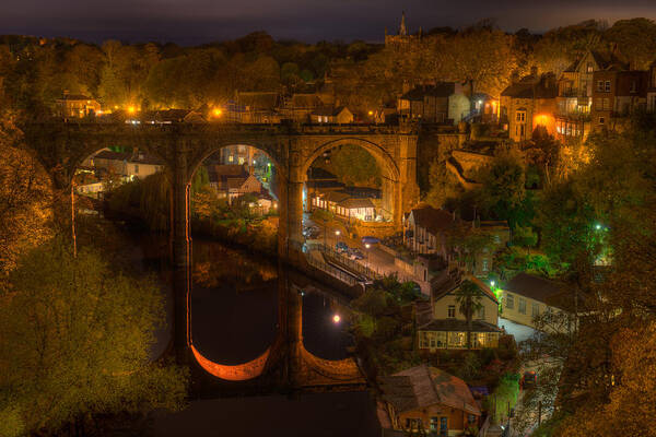 Europe Art Print featuring the photograph Knaresbrough Viaduct at Night Reflection by Dennis Dame