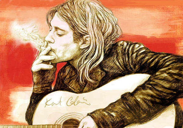 Art Drawing Sharcoal.ketch Portrait Art Print featuring the drawing Kurt Cobain - stylised drawing art poster by Kim Wang