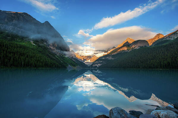 Tranquility Art Print featuring the photograph Lake Louise Sunrise by Piriya Photography