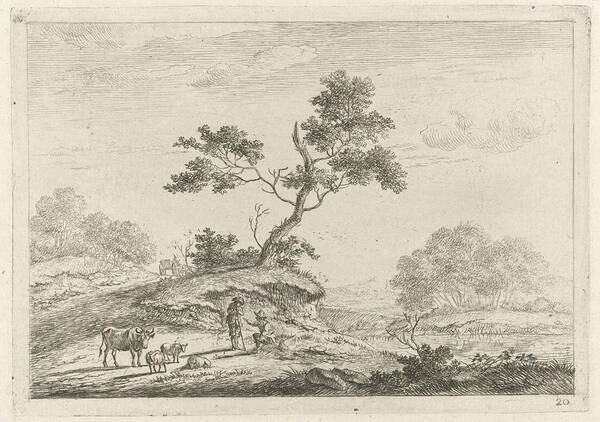 Herding Art Print featuring the drawing Landscape With Shepherds In Conversation by Johannes Janson