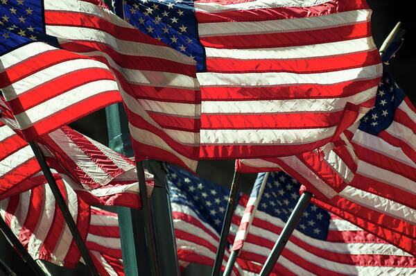 Wind Art Print featuring the photograph Layers Of American Flags Wave In Bright by Peskymonkey