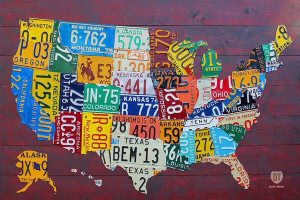 Art Art Print featuring the mixed media License Plate Map of The United States by Design Turnpike