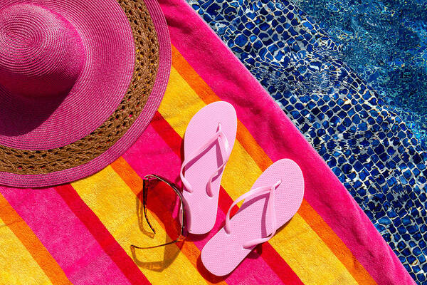 Water Art Print featuring the photograph Light Pink Flip Flops by the Pool by Teri Virbickis