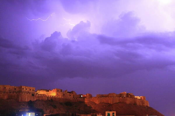 Scenics Art Print featuring the photograph Lightning Over Jaisalmer Fort by Mark Hollowell