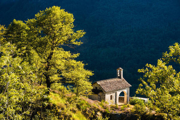Chapel Art Print featuring the photograph Little Chapel in Ticino with beautiful green trees by Matthias Hauser