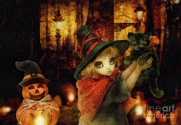 Little Witch Black Cat And Pumpkin Art Print featuring the painting Little Witch Black Cat and Pumpkin by Mo T