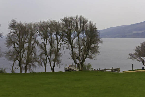 Boat Jetty Art Print featuring the digital art Loch Ness and boat jetty next to Urquhart Castle by Ashish Agarwal