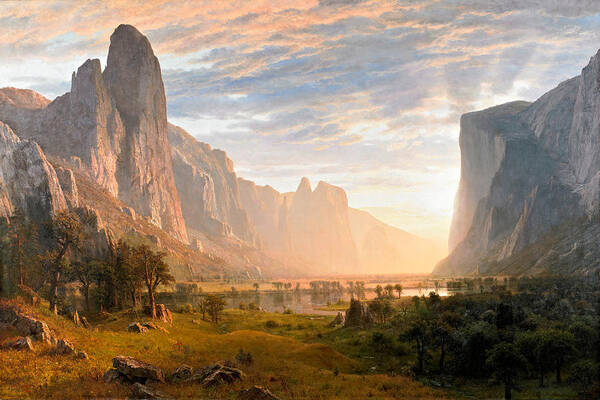 Albert Bierstadt Art Print featuring the painting Looking down Yosemite Valley by Albert Bierstadt