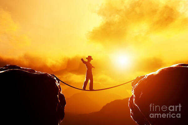 Rope Art Print featuring the photograph Man in hat walking on rope over mountains by Michal Bednarek