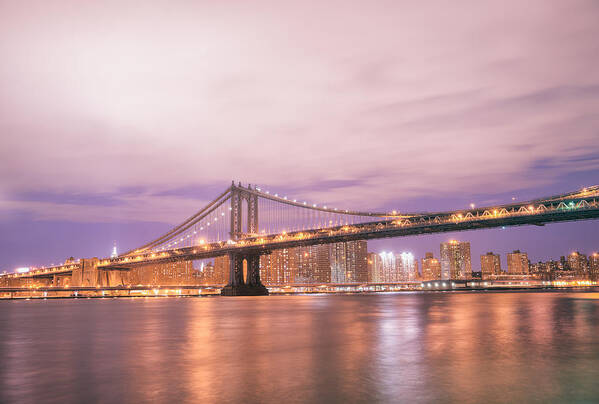Nyc Art Print featuring the photograph Manhattan Bridge and New York City Skyline at Night by Vivienne Gucwa