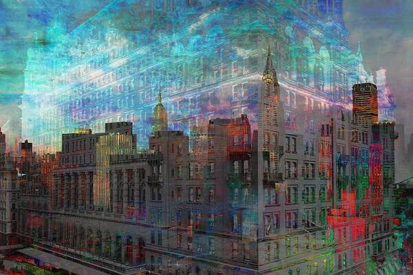 Cityscape Art Print featuring the digital art Manhattan Ghostly Cityscape by Mary Clanahan