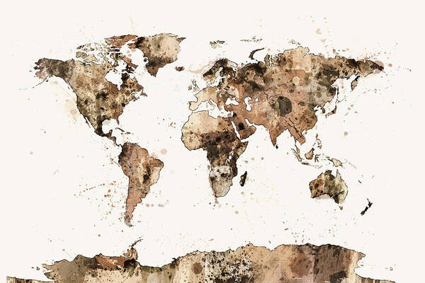 World Map Art Print featuring the digital art Map of the World Map Sepia Watercolor by Michael Tompsett